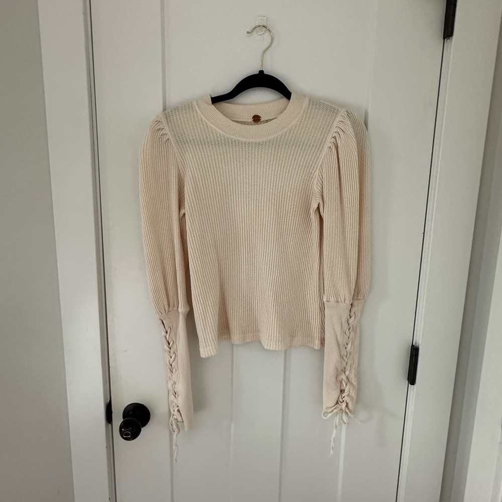 Free People - Women Ivory Sweater Waffle Knit Lace Sleeves